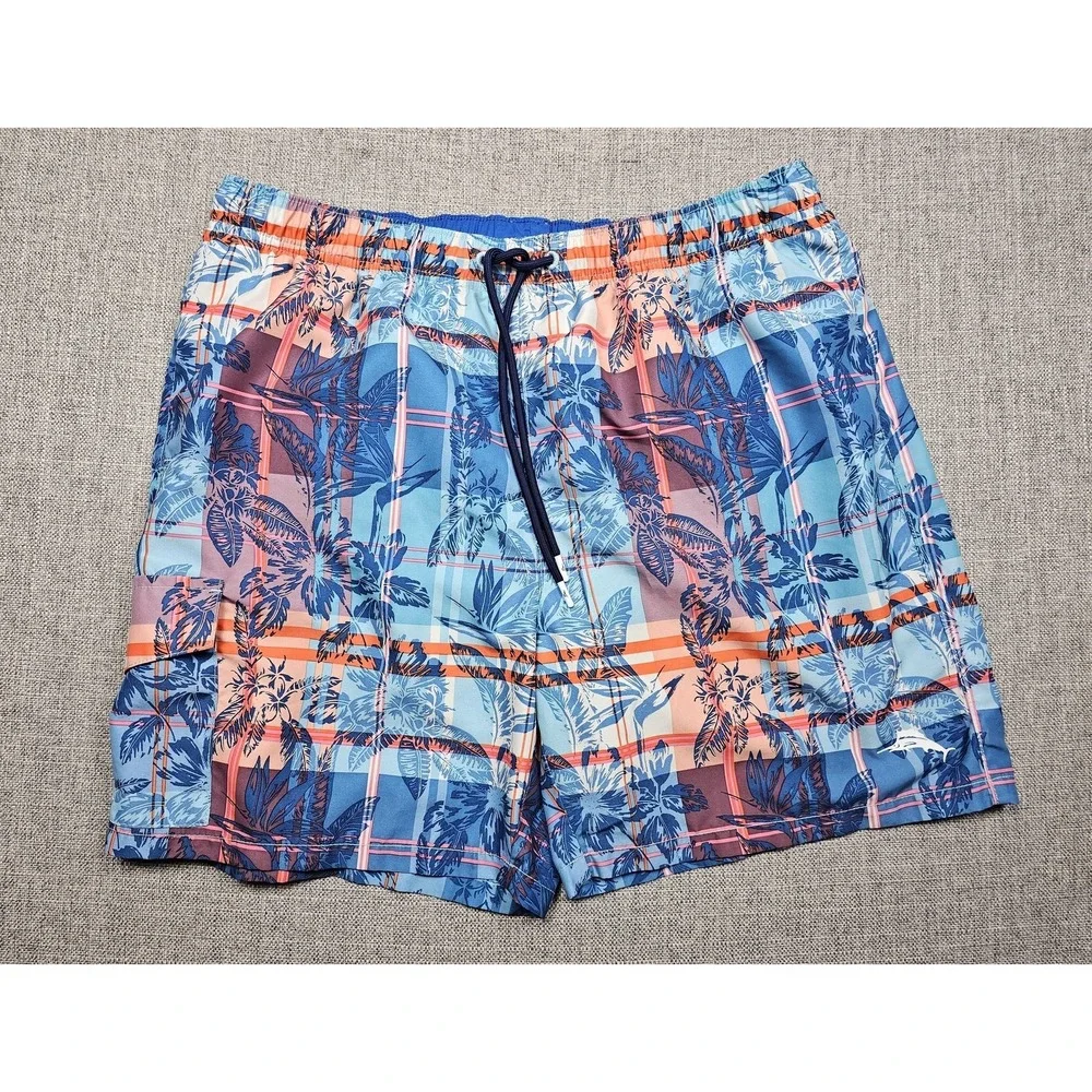 Tommy Bahama Swim Trunks Mens XL Blue Tropical Floral Plaid Mesh Lined Pockets